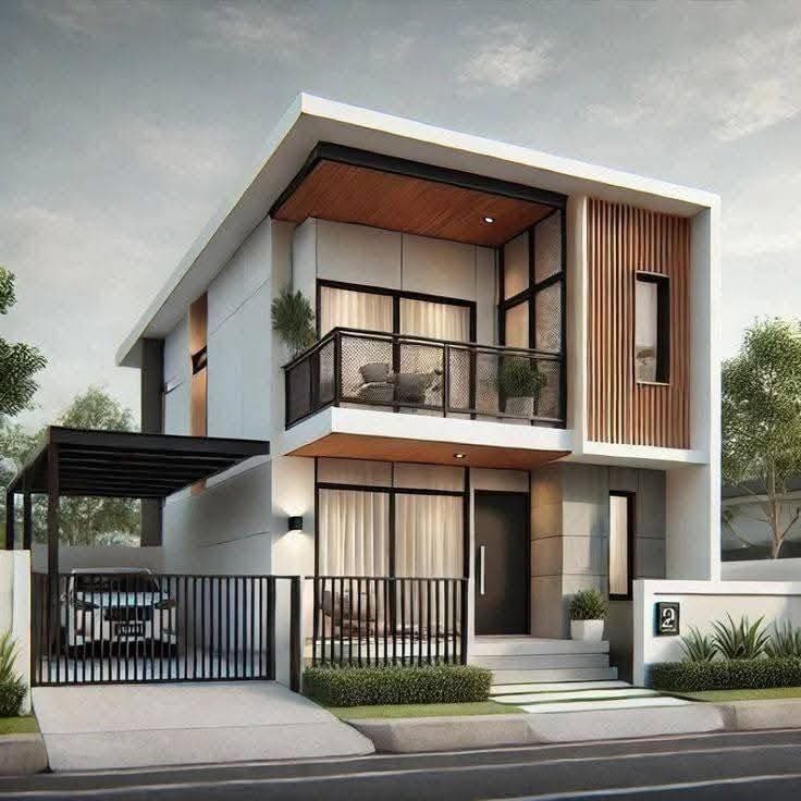 Contemporary modern luxury bungalow with wooden louvers and car porch by Sylvia Projects
